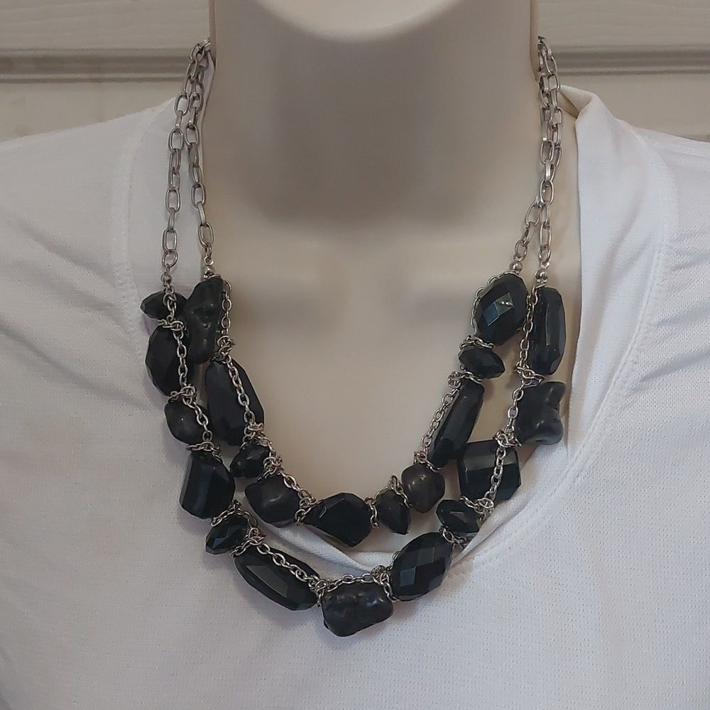 Natural Black Stone and Faceted Glass Beads Layered Statement Necklace